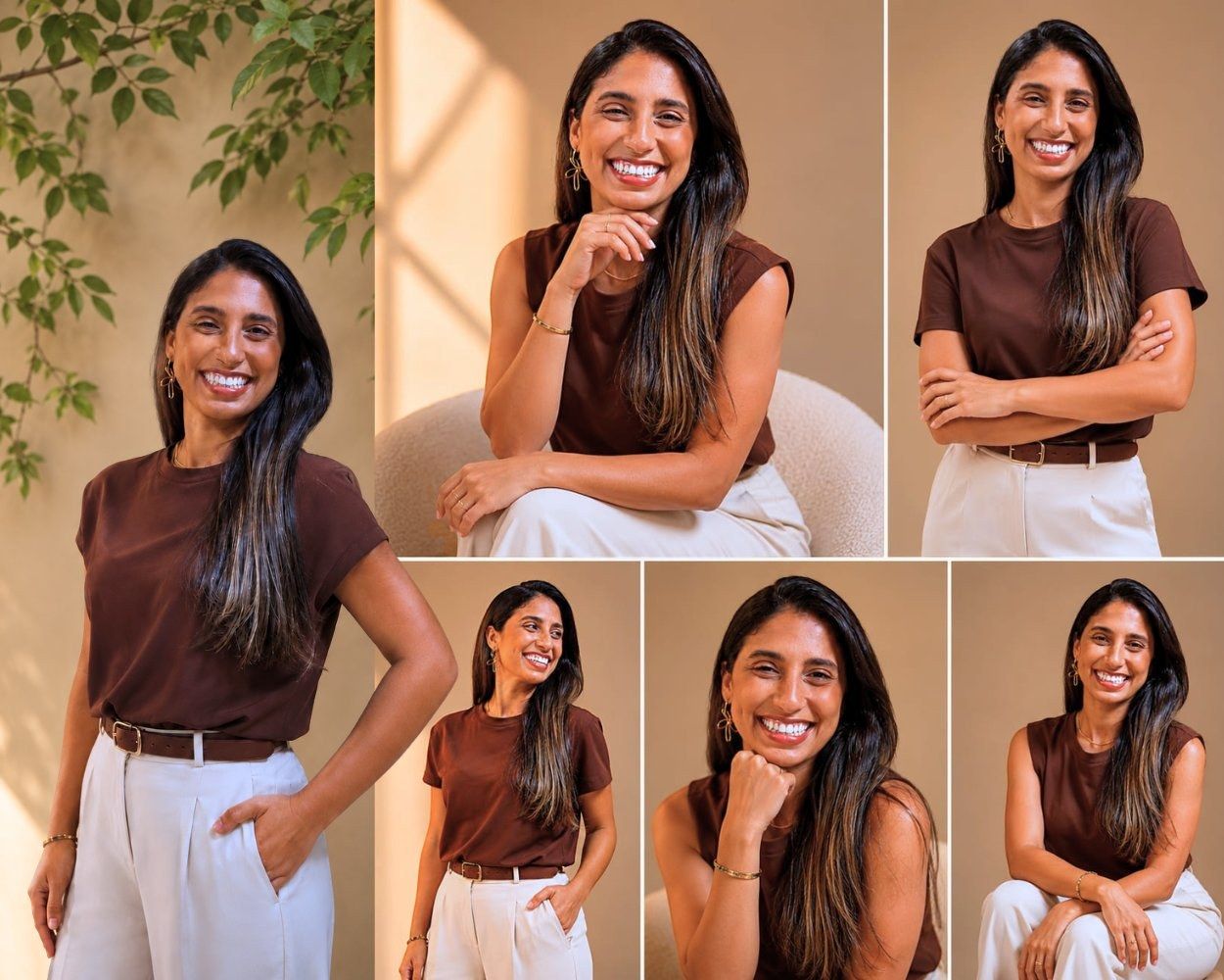 Natália Roza, designer de interiores, sorrindo em ambiente decorado em tons terrosos